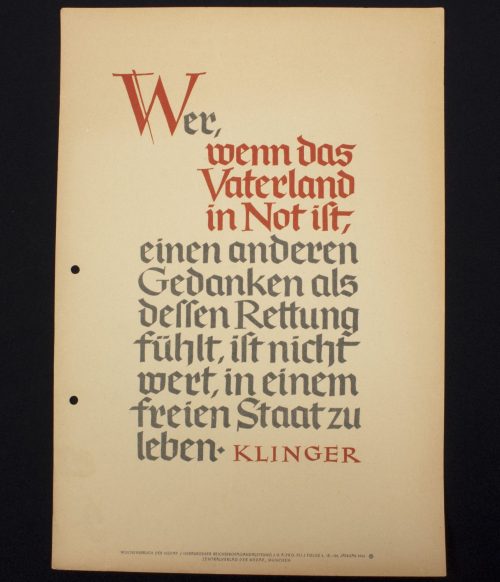 WWII German Wochenspruch (propaganda miniposter) with a saying of Klinger