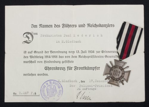 Ehrenkreuz für Frontkämpfer + citation
