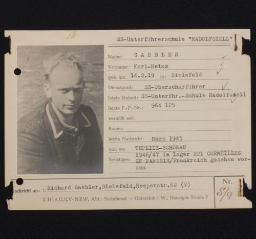 SS - Hiag Tracing Service File card for a SS-Oberscharführer