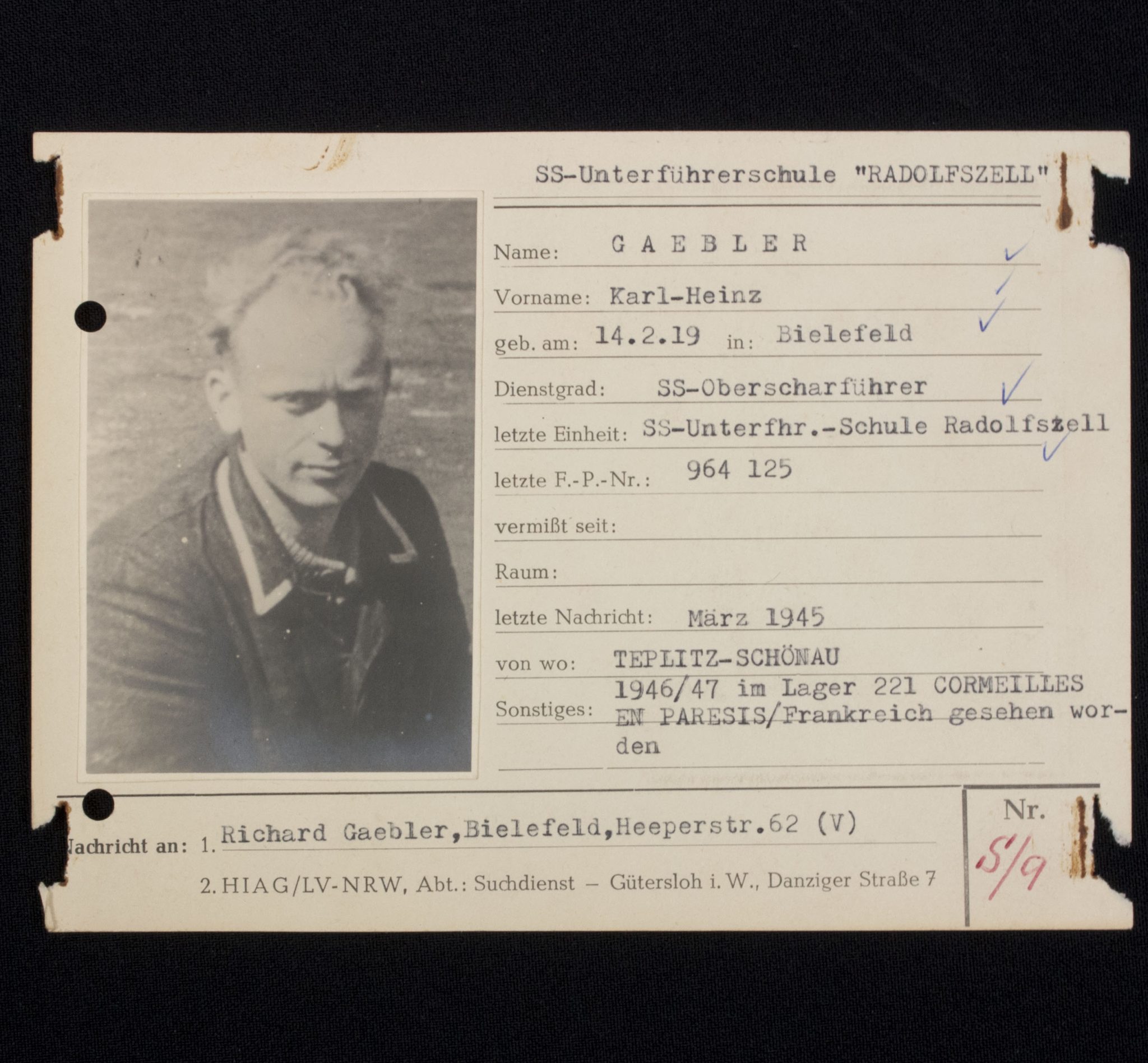 SS - Hiag Tracing Service File card for a SS-Oberscharführer