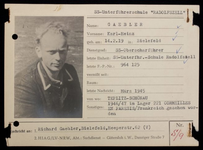 SS - Hiag Tracing Service File card for a SS-Oberscharführer