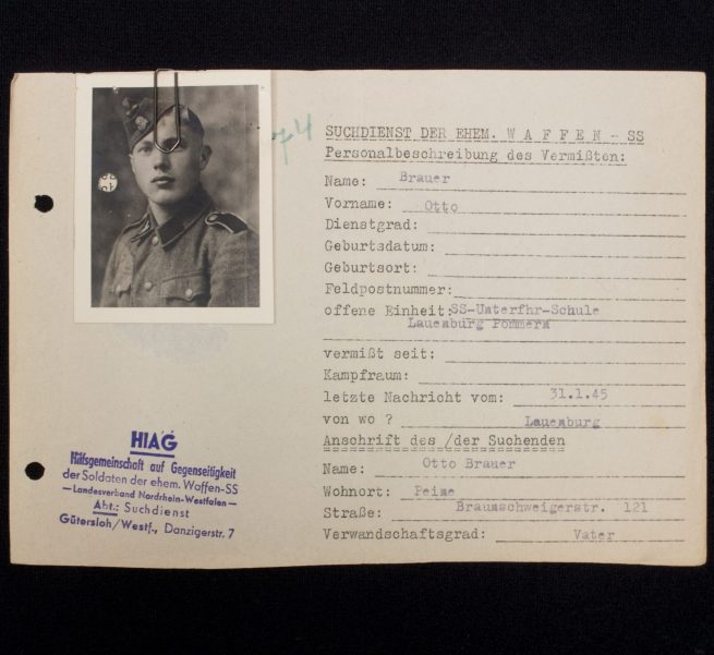 SS - Hiag Tracing Service File card for a SS-Schütze