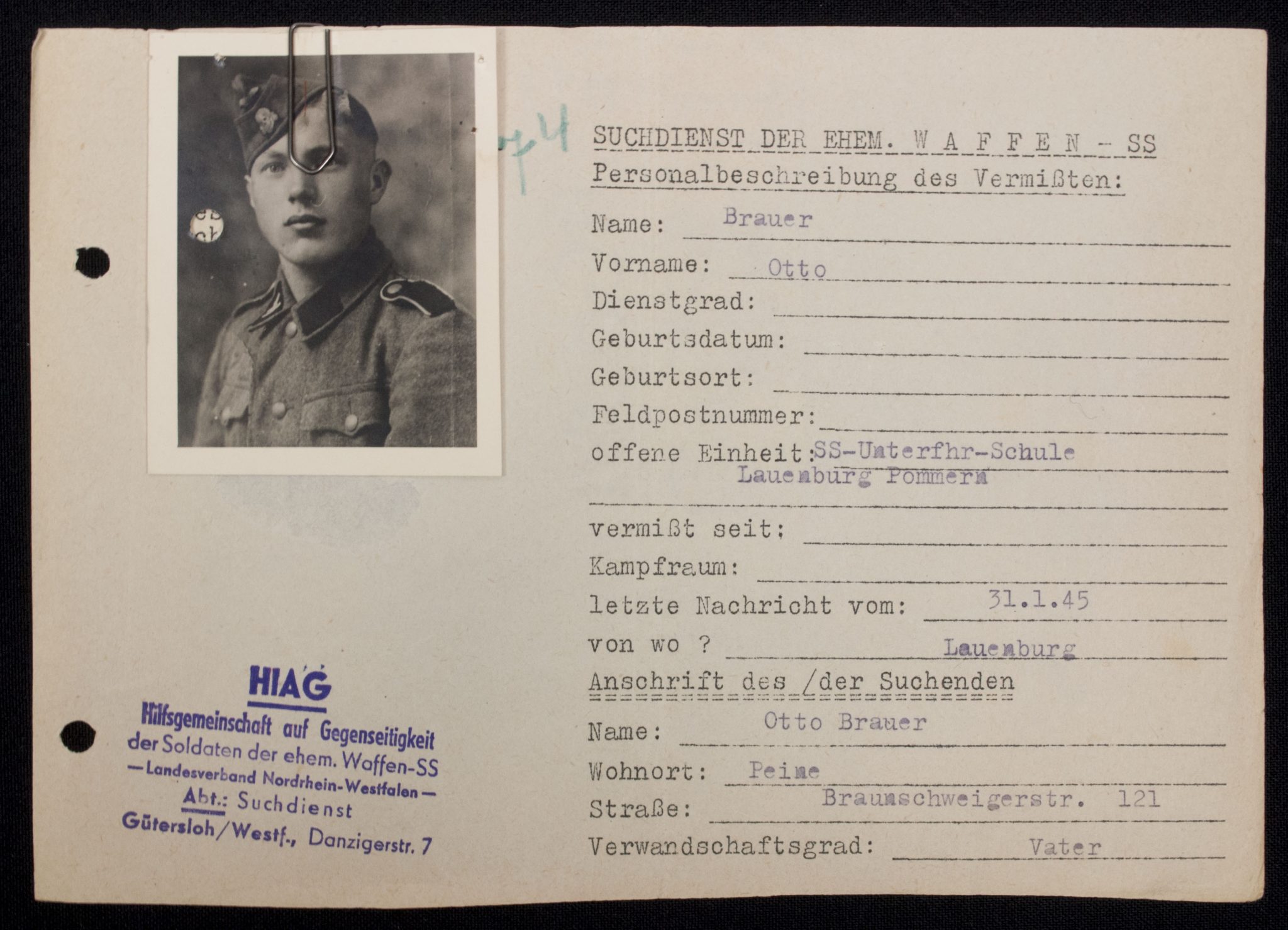 SS - Hiag Tracing Service File card for a SS-Schütze