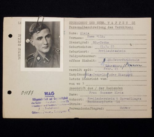 SS - Hiag Tracing Service File card for a SS-Totenkopf member