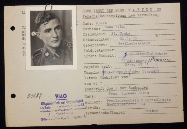 SS - Hiag Tracing Service File card for a SS-Totenkopf member