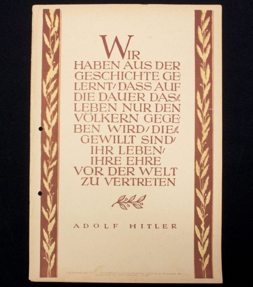 WWII German Wochenspruch (propaganda miniposter) with a saying of Adolf Hitler. These “Wochensprucher” were official by the NSDAP published little propagandaposters, that could because of their small sizes easily be hung up in houses (e.g. in the kitchen), but also in public buildings, et cetera. The here offered Wochenspruch is a very rare one with an image of Friedrich der Grosse. It would look amazing when framed. The dimensions of the Wochenspruch are approximately 35 x 24 centimeters. In very good condition, perforated. It’s a very rare Wochenspruch to find!