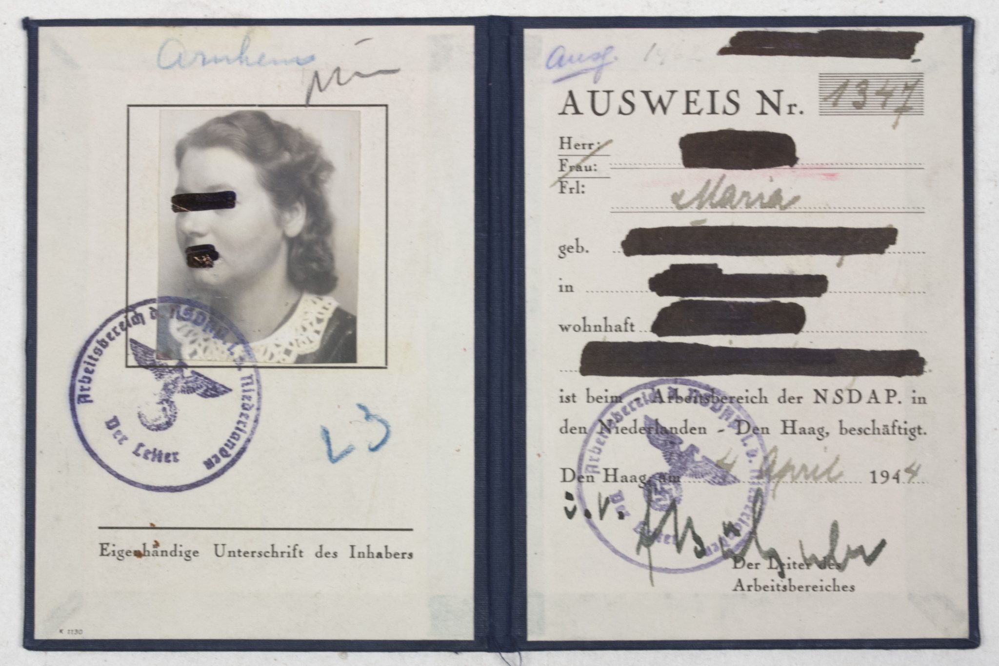 Arbeitsbereich der NSDAP in den Niederlande Ausweis – RARE (1) Arbeitsbereich der NSDAP in den Niederlande Ausweis - RARE