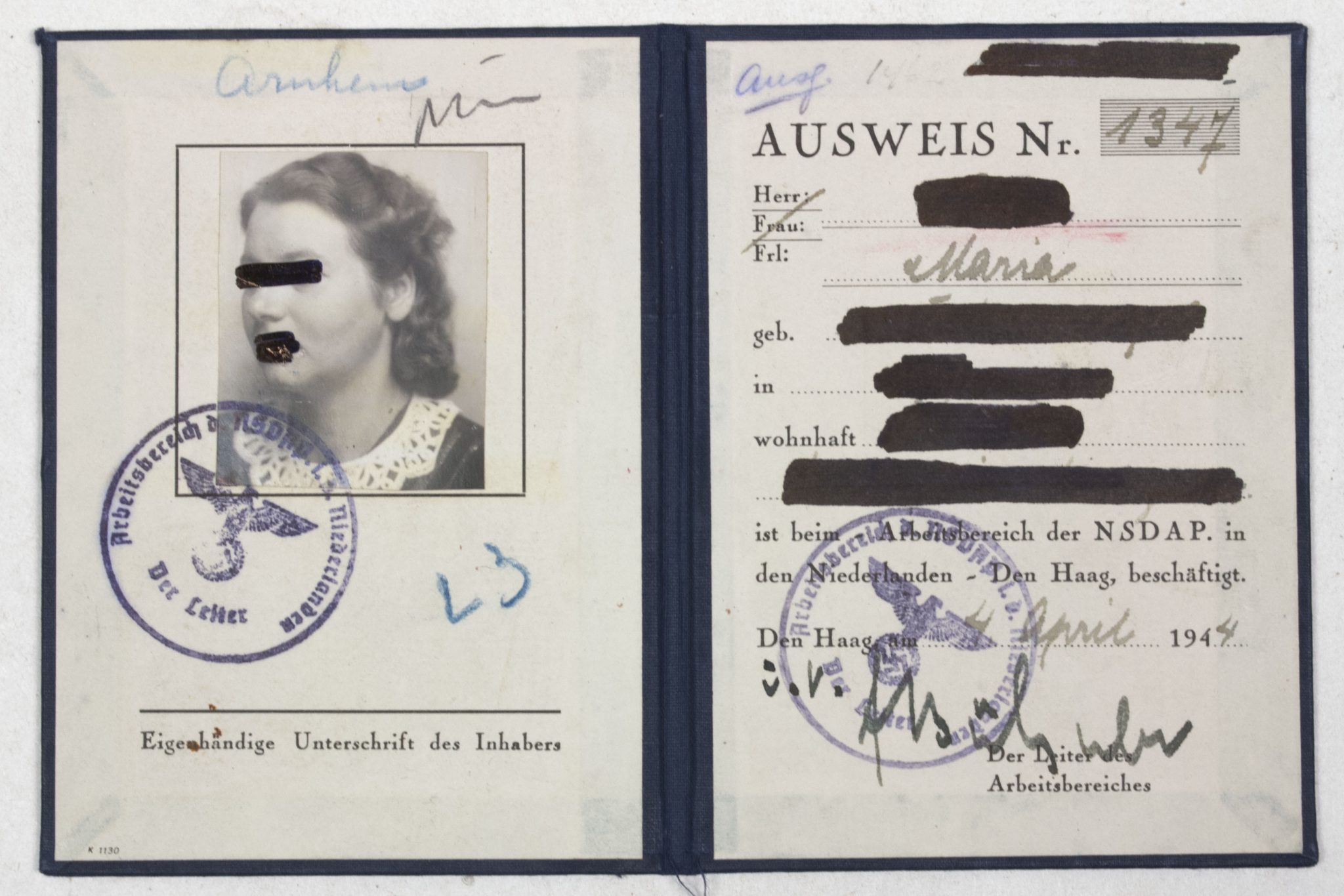 Arbeitsbereich der NSDAP in den Niederlande Ausweis - RARE