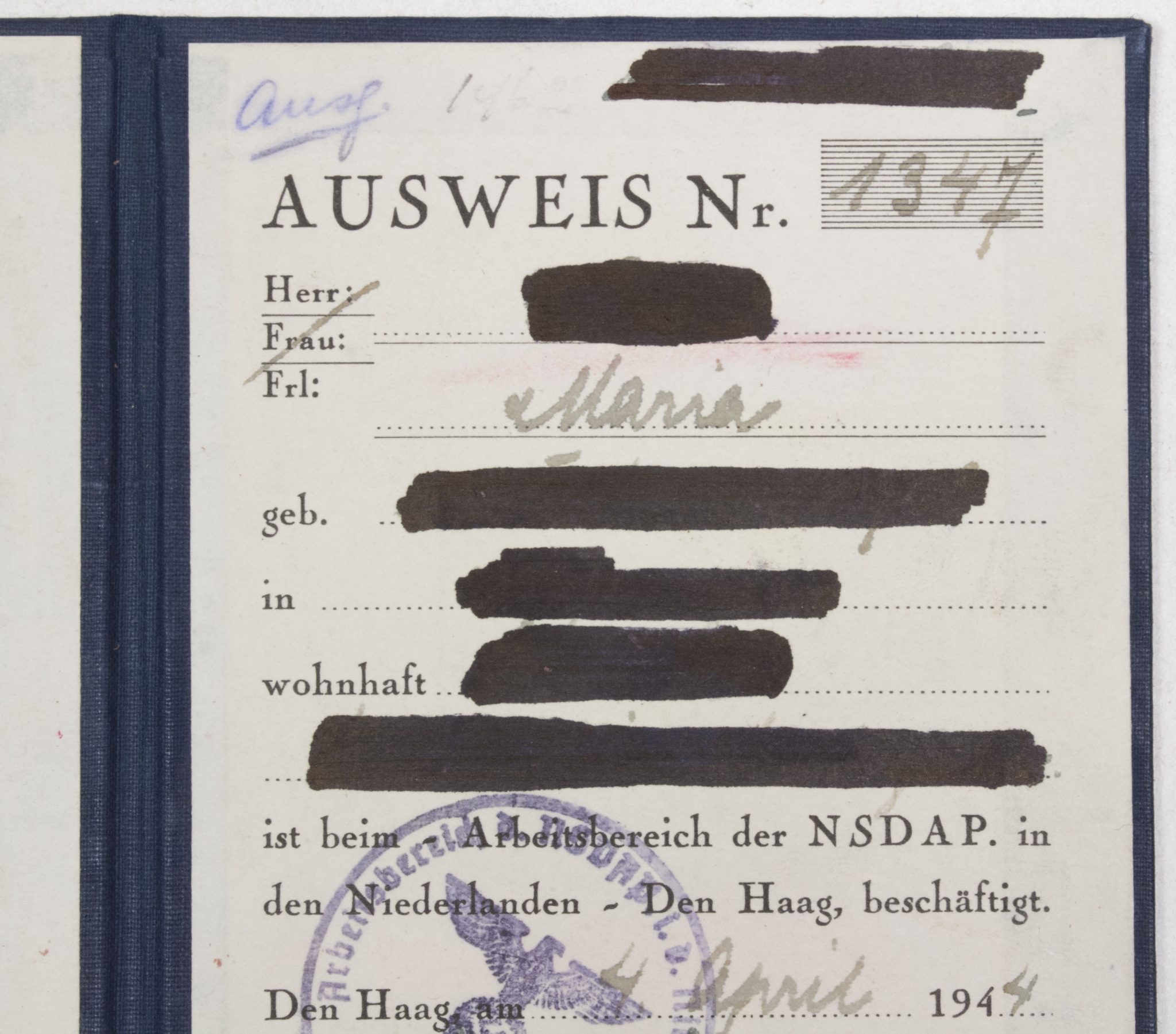 Arbeitsbereich der NSDAP in den Niederlande Ausweis - RARE