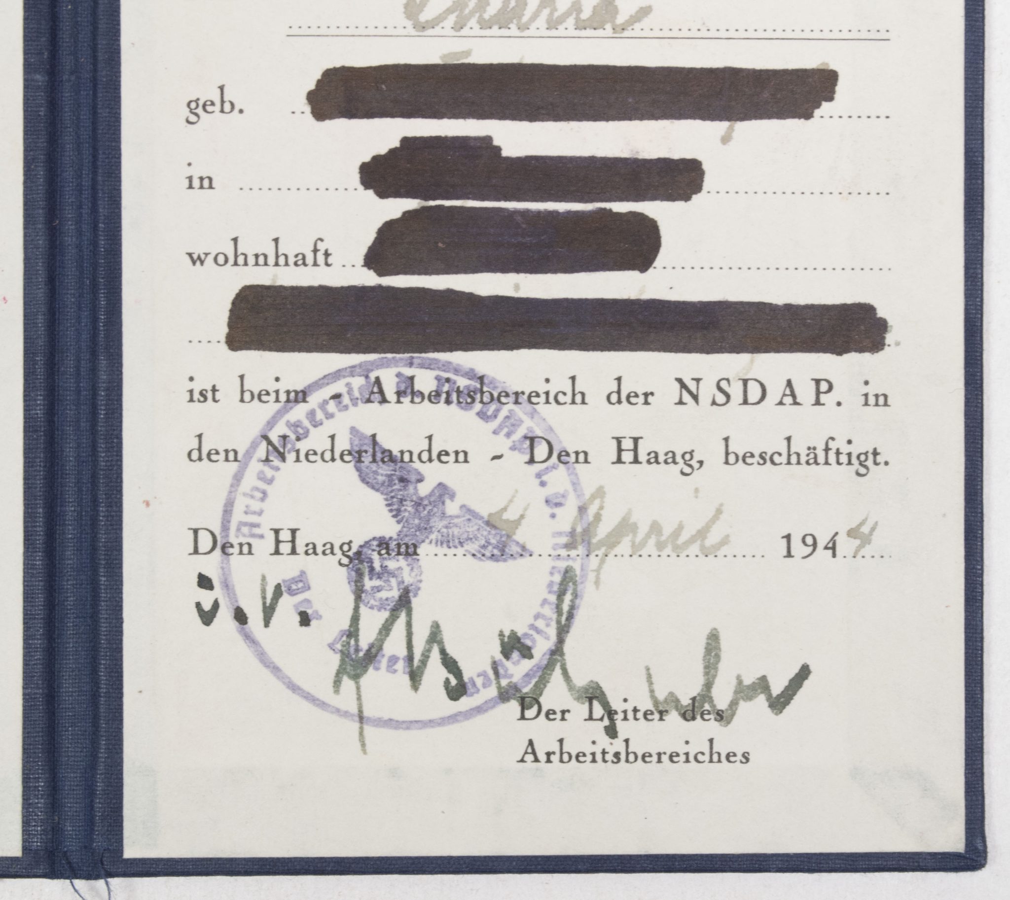 Arbeitsbereich der NSDAP in den Niederlande Ausweis - RARE