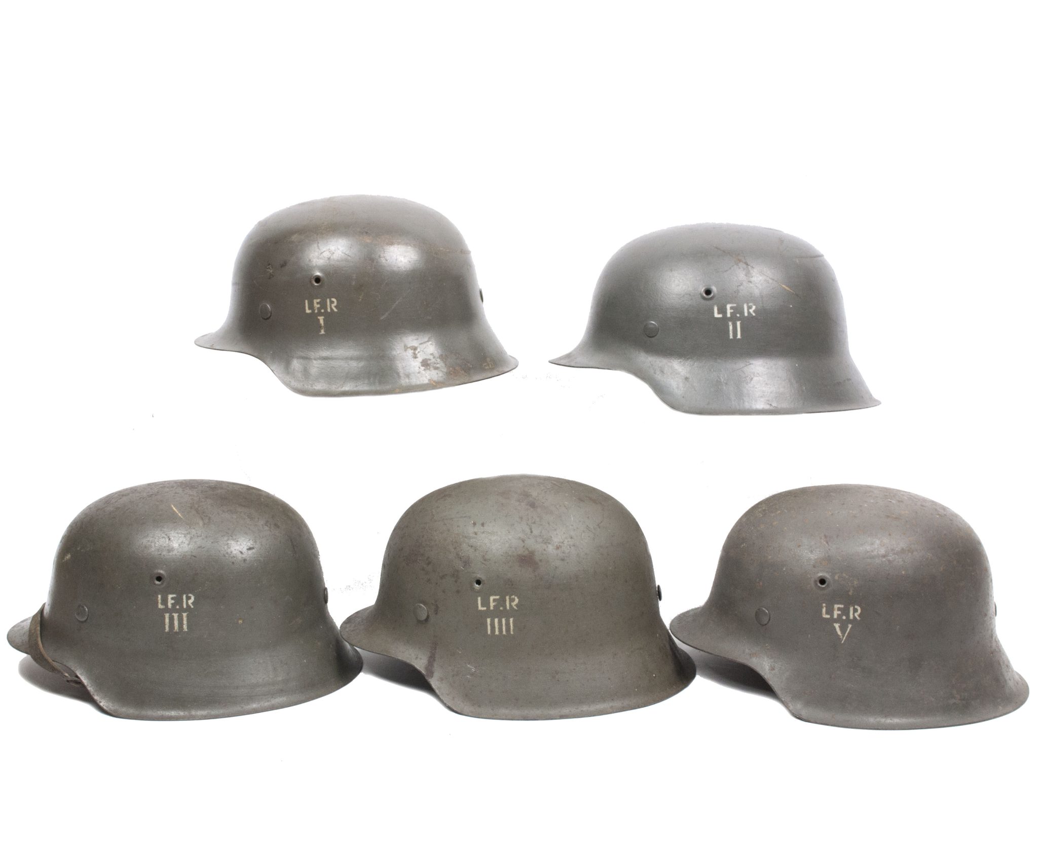 (Denmark) Collection of Five Danish WW2 reissued M42 “Lokal Forsvars Region I-V” helmets - One ex-SS reissued - rare