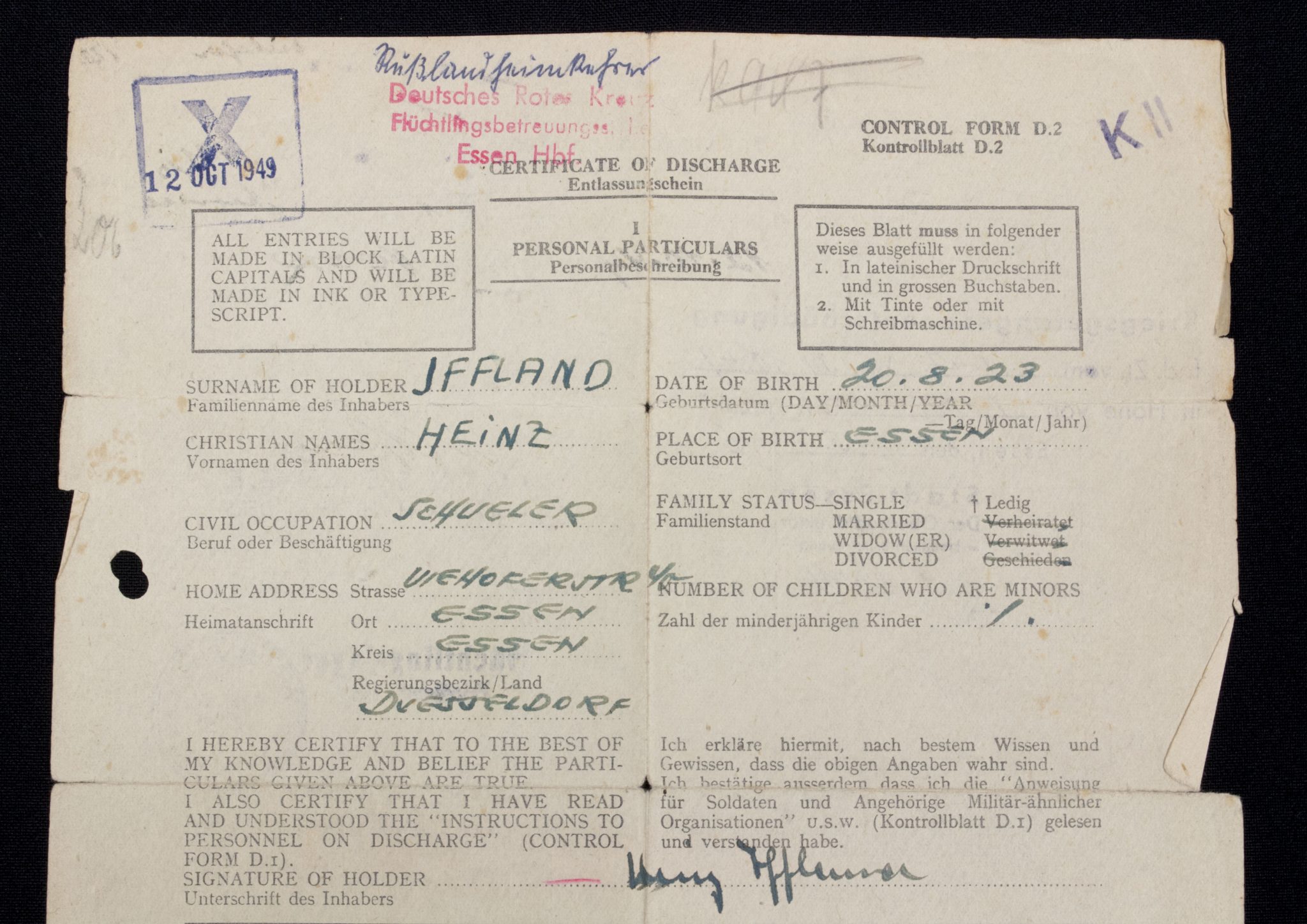 Deutsches Rotes Kreuz – Certificate of DischargeEntlassungsschein (1950)