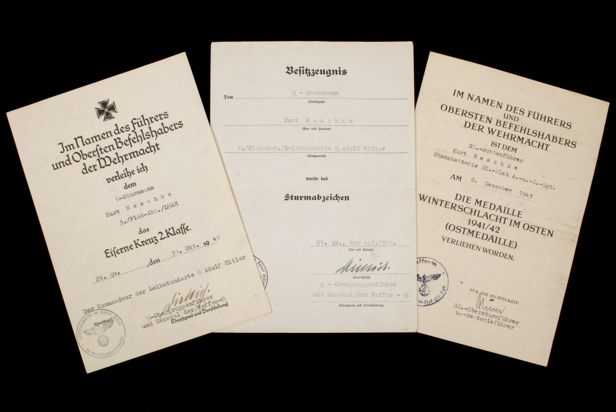 Leibstandarte-SS Adolf Hitler (LSSAH) group with TWO Sepp Dietrich autographs – RARE (3)
