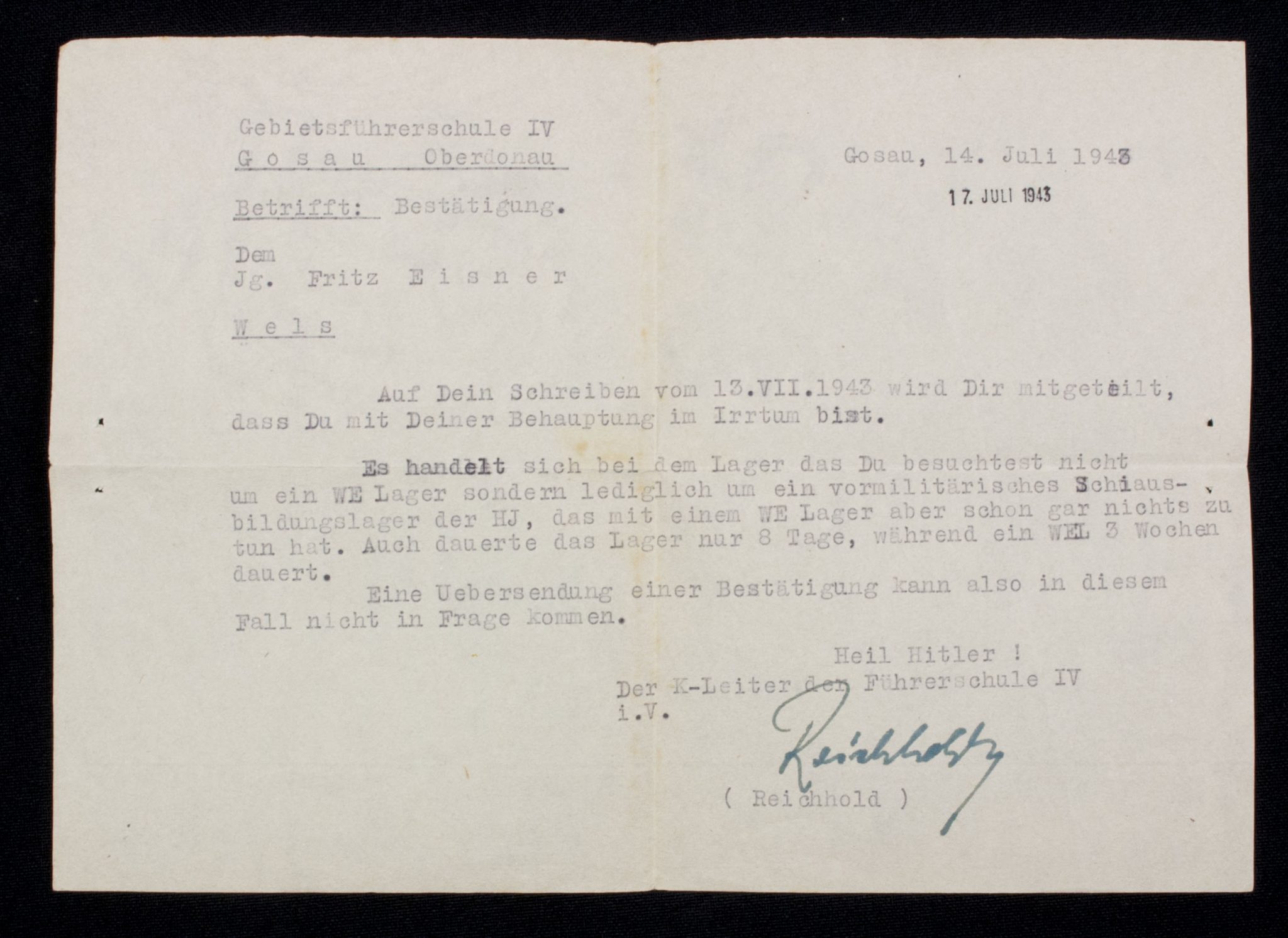 (Letter) Deutsches Rotes Kreuz (DRK) Gebietsführerschule IV Gosau Oberdonau (1944)