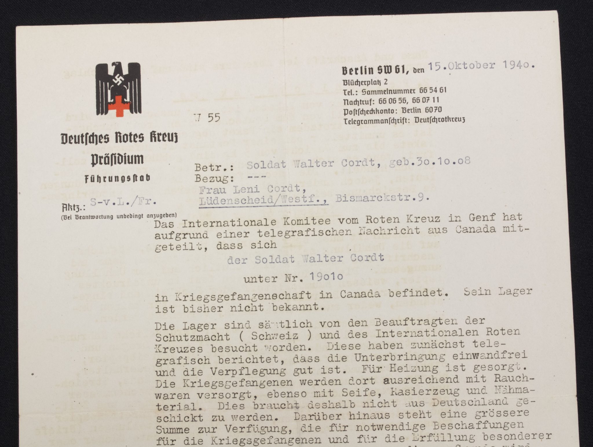 (Letter) Deutsches Rotes Kreuz Präsidium Führungsstab letter (1941)