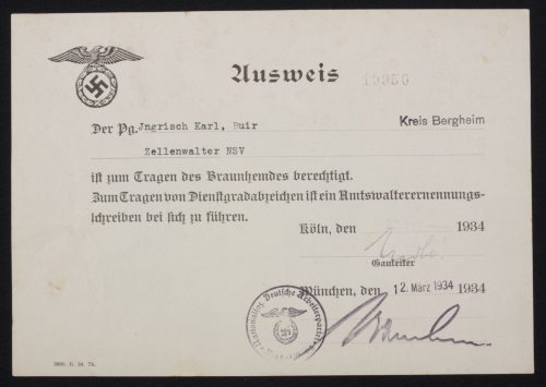NSDAP SA - Ausweis zum tragen des Braunhemdes (1934)