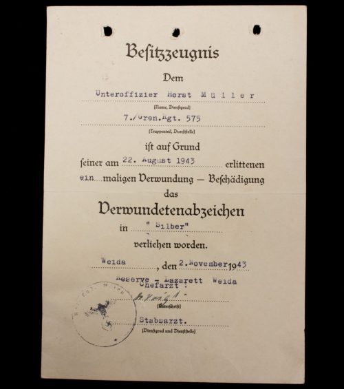 Besitzzeugnis Verwundetenabzeichen in Silber (1943)