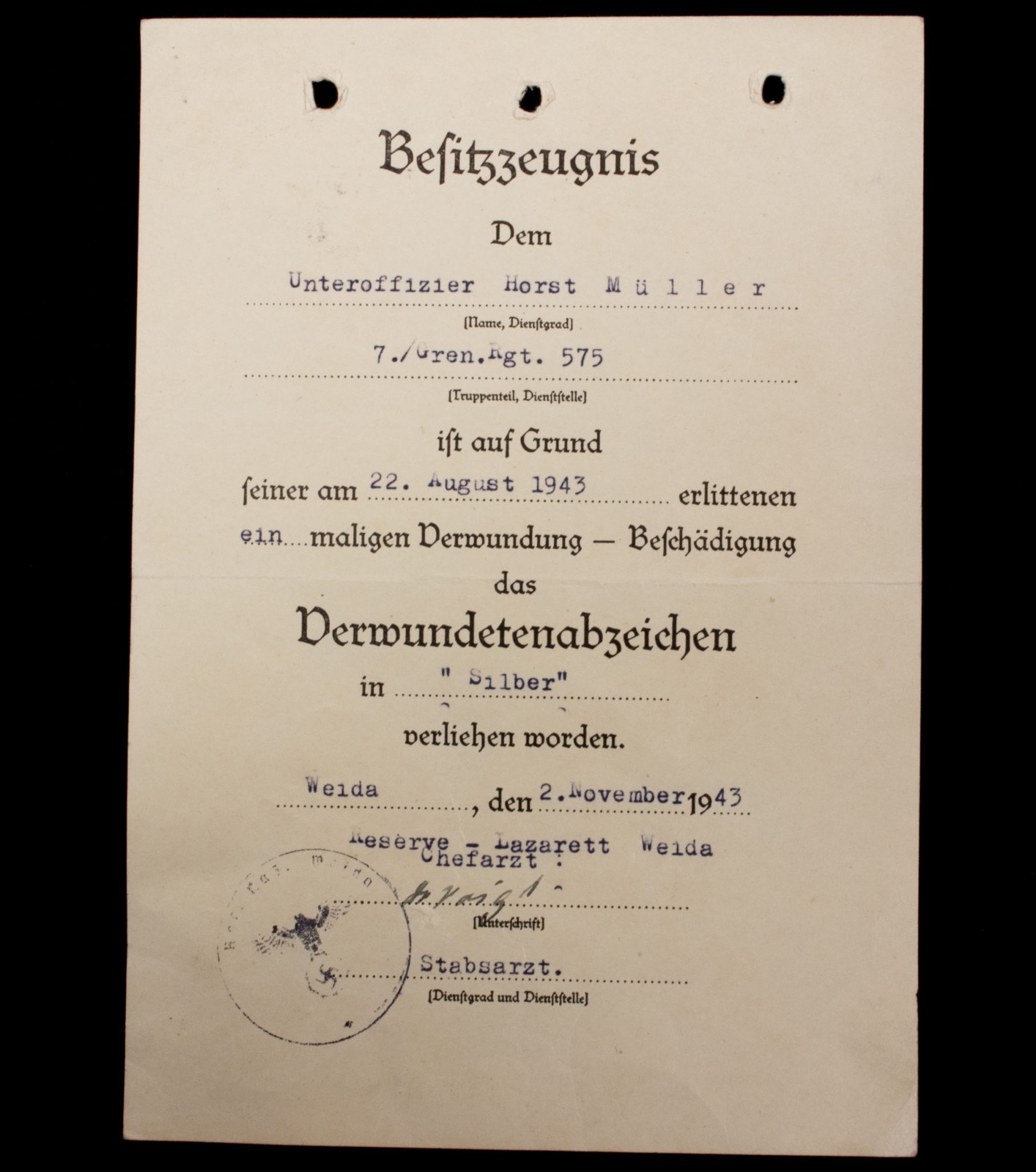 Besitzzeugnis Verwundetenabzeichen in Silber (1943)