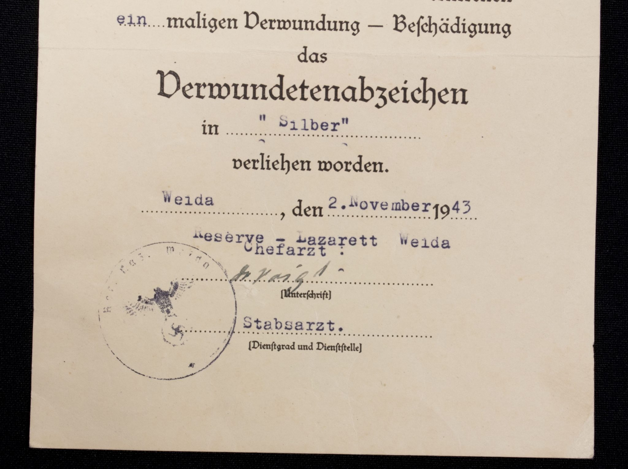 Besitzzeugnis Verwundetenabzeichen in Silber (1943)