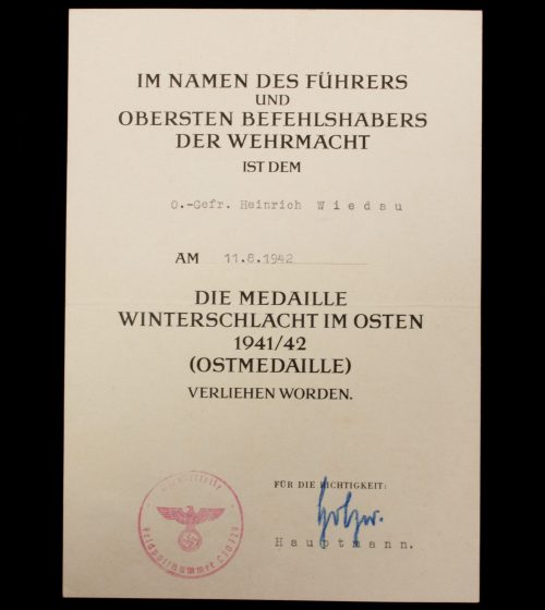 Medaille Winterschlacht im Osten Ostmedaille Urkunde (1942) with Feldpostnummer L 10729 (Dokudowo, White RussiaBelarus)