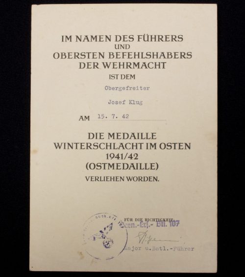 Medaille Winterschlacht im Osten Ostmedaille Urkunde Gren.-Ers.-Btl.107 (1942)