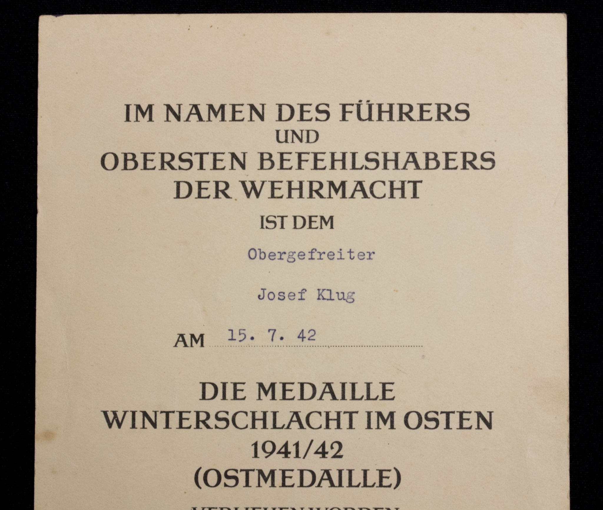 Medaille Winterschlacht im Osten Ostmedaille Urkunde Gren.-Ers.-Btl.107 (1943) Medaille Winterschlacht im Osten Ostmedaille Urkunde Gren.-Ers.-Btl.107 (1942)
