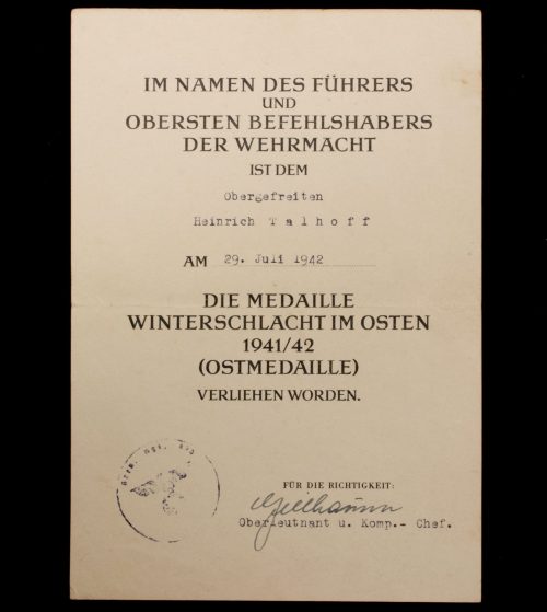 Medaille Winterschlacht im Osten Ostmedaille Urkunde Gren. Rgt. 473 (1942)
