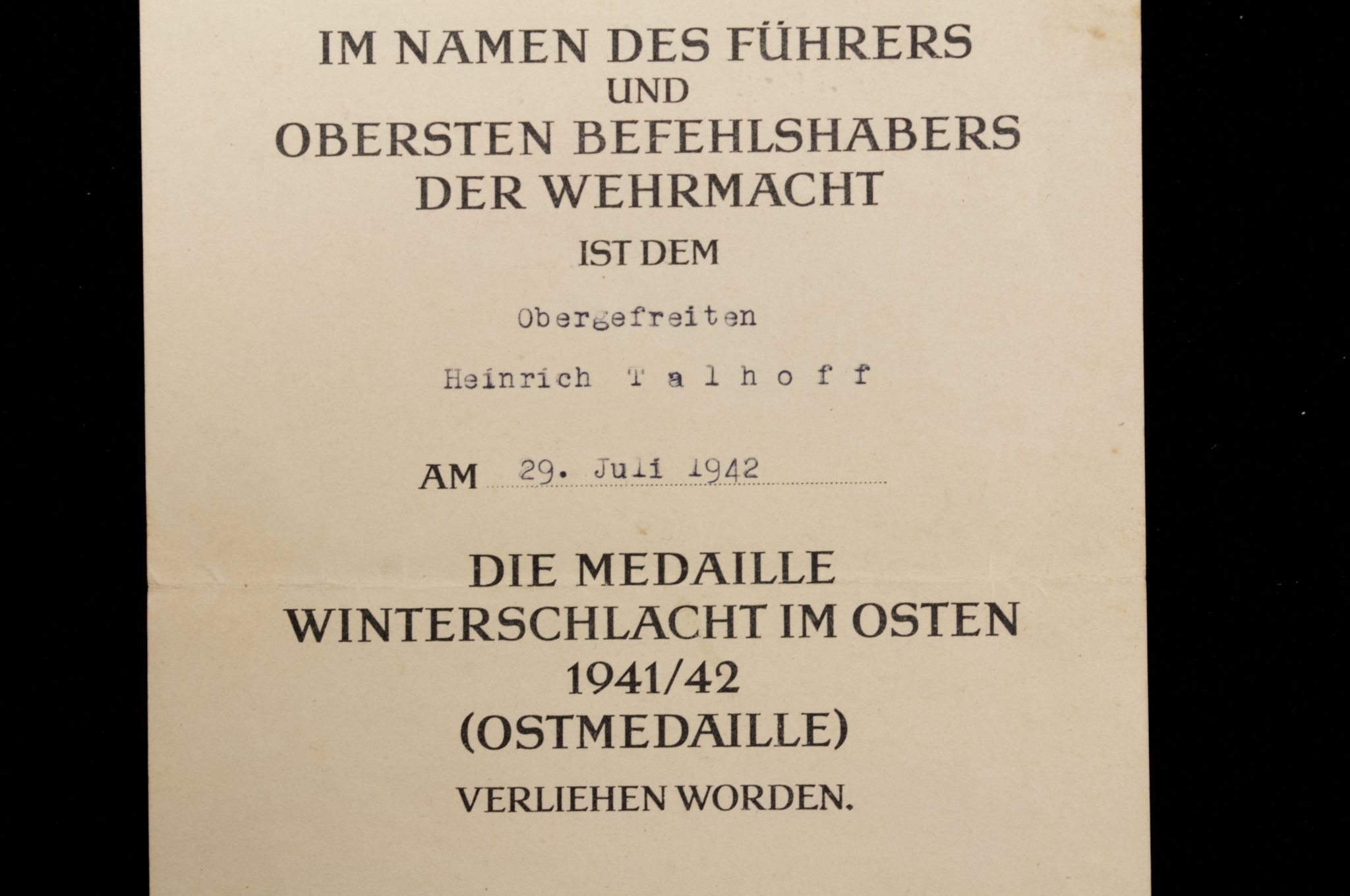 Medaille Winterschlacht im Osten Ostmedaille Urkunde Gren. Rgt. 473 (1942)