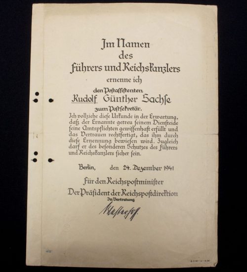 Promotional document (Ernennungsurkunde) Postsekretär, Berlin 1941