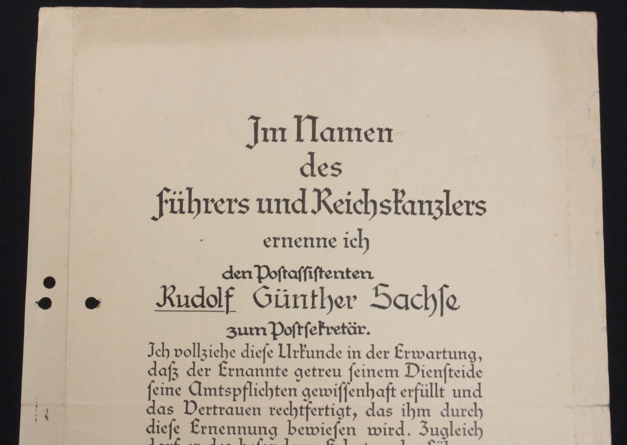 Promotional document (Ernennungsurkunde) Postsekretär, Berlin 1941 (2) Promotional document (Ernennungsurkunde) Postsekretär, Berlin 1941