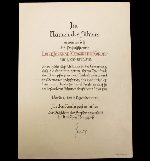 Promotional document (Ernennungsurkunde) Postsekretärin, Berlin 1944