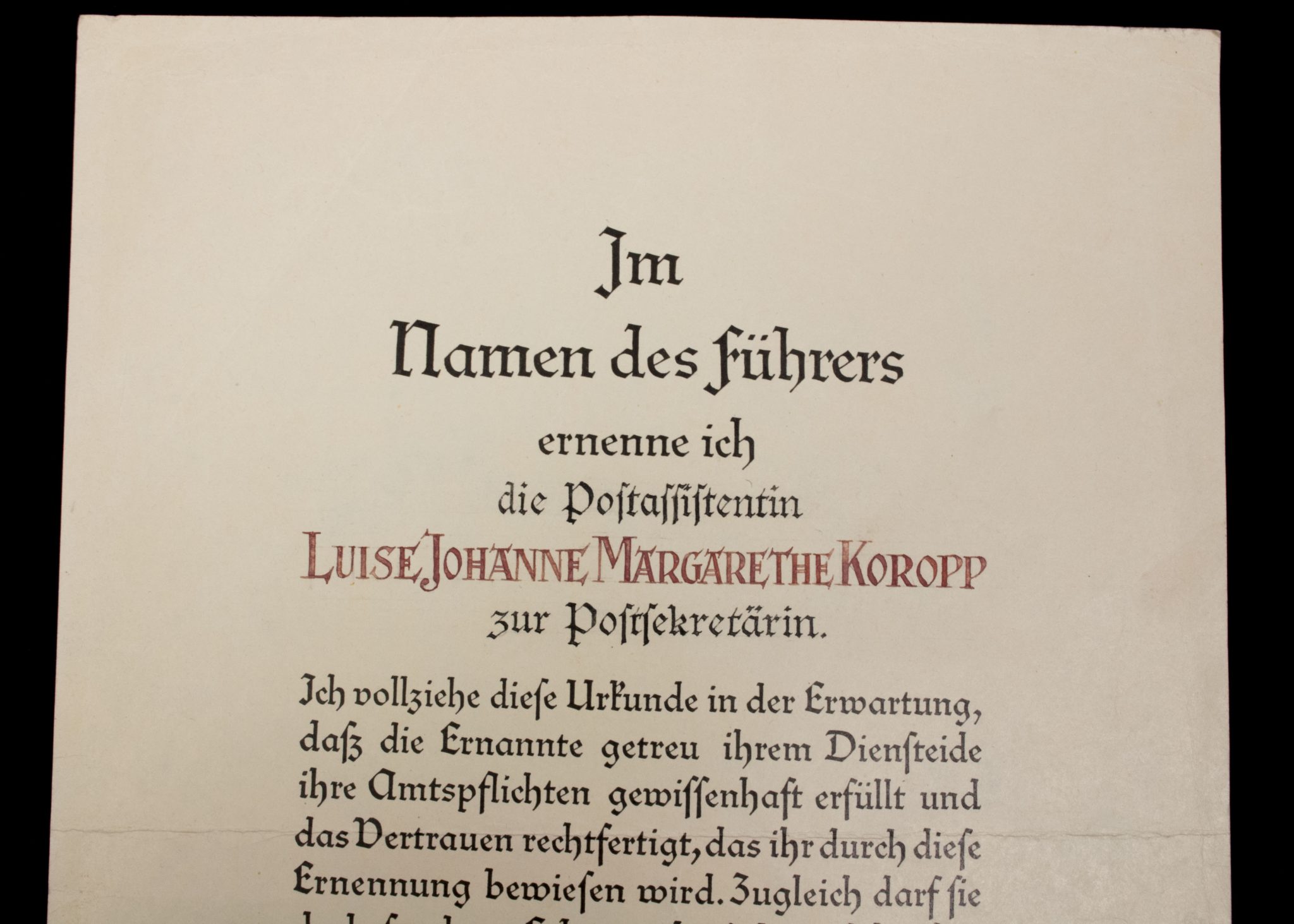 Promotional document (Ernennungsurkunde) Postsekretärin, Berlin 1944 (2) Promotional document (Ernennungsurkunde) Postsekretärin, Berlin 1944
