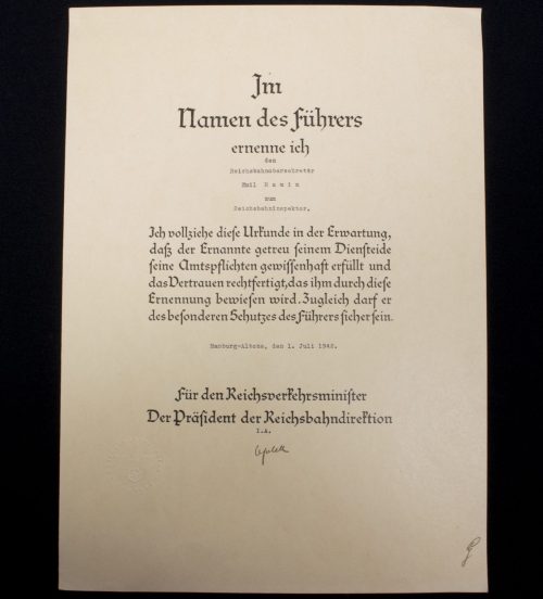 Promotional document (Ernennungsurkunde) Reichsbahninspektor, Hamburg-Altona (1942)