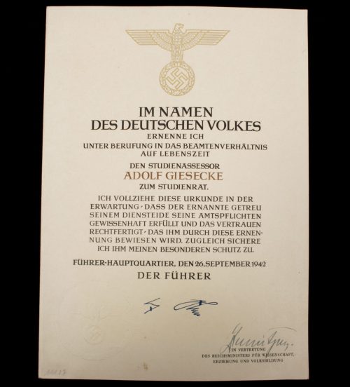 Promotional document (Ernennungsurkunde) Studienassessor Adolf Giesecke signed Führer Hauptquartier 1942