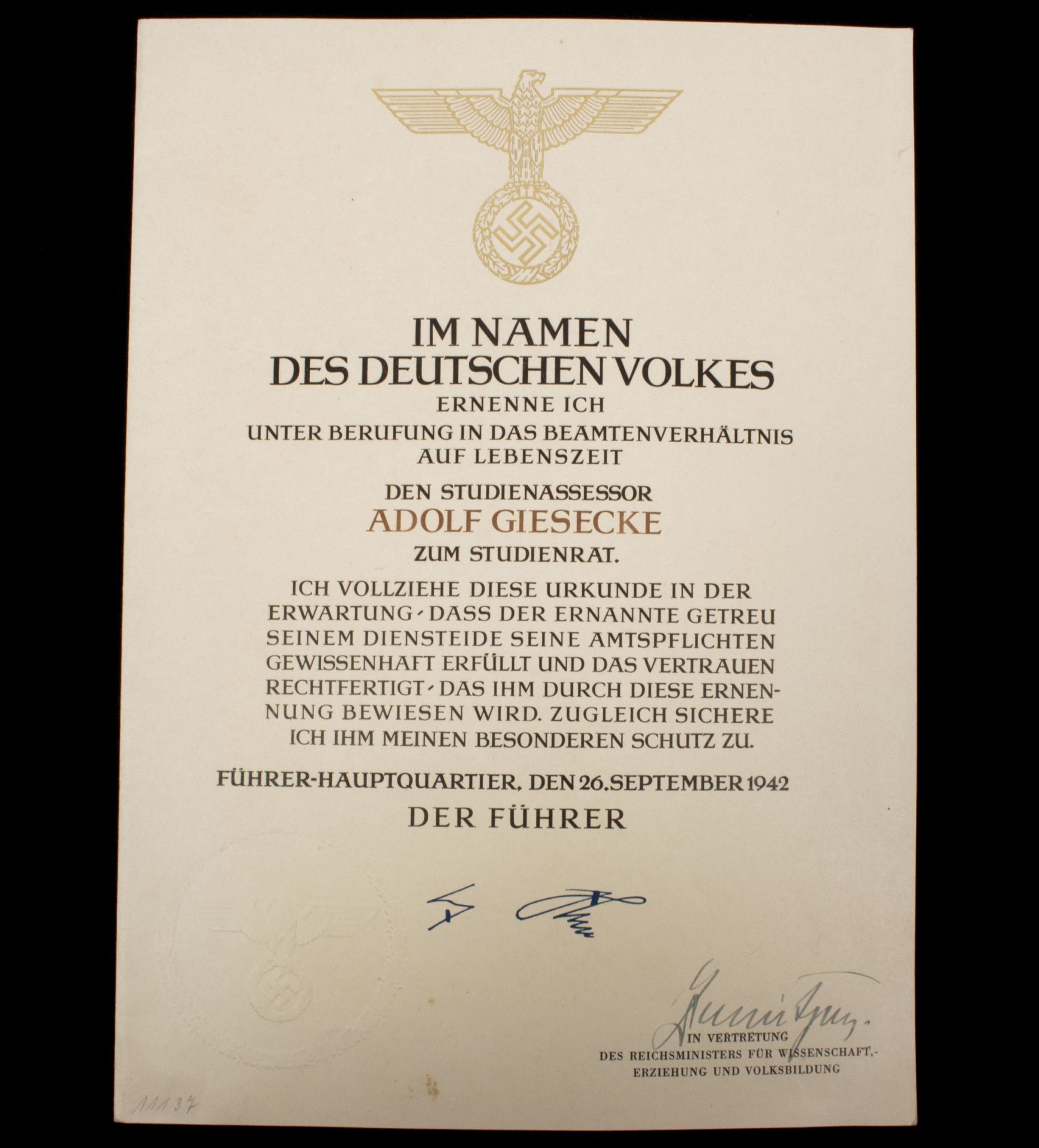 Promotional document (Ernennungsurkunde) Studienassessor Adolf Giesecke signed Führer Hauptquartier 1942