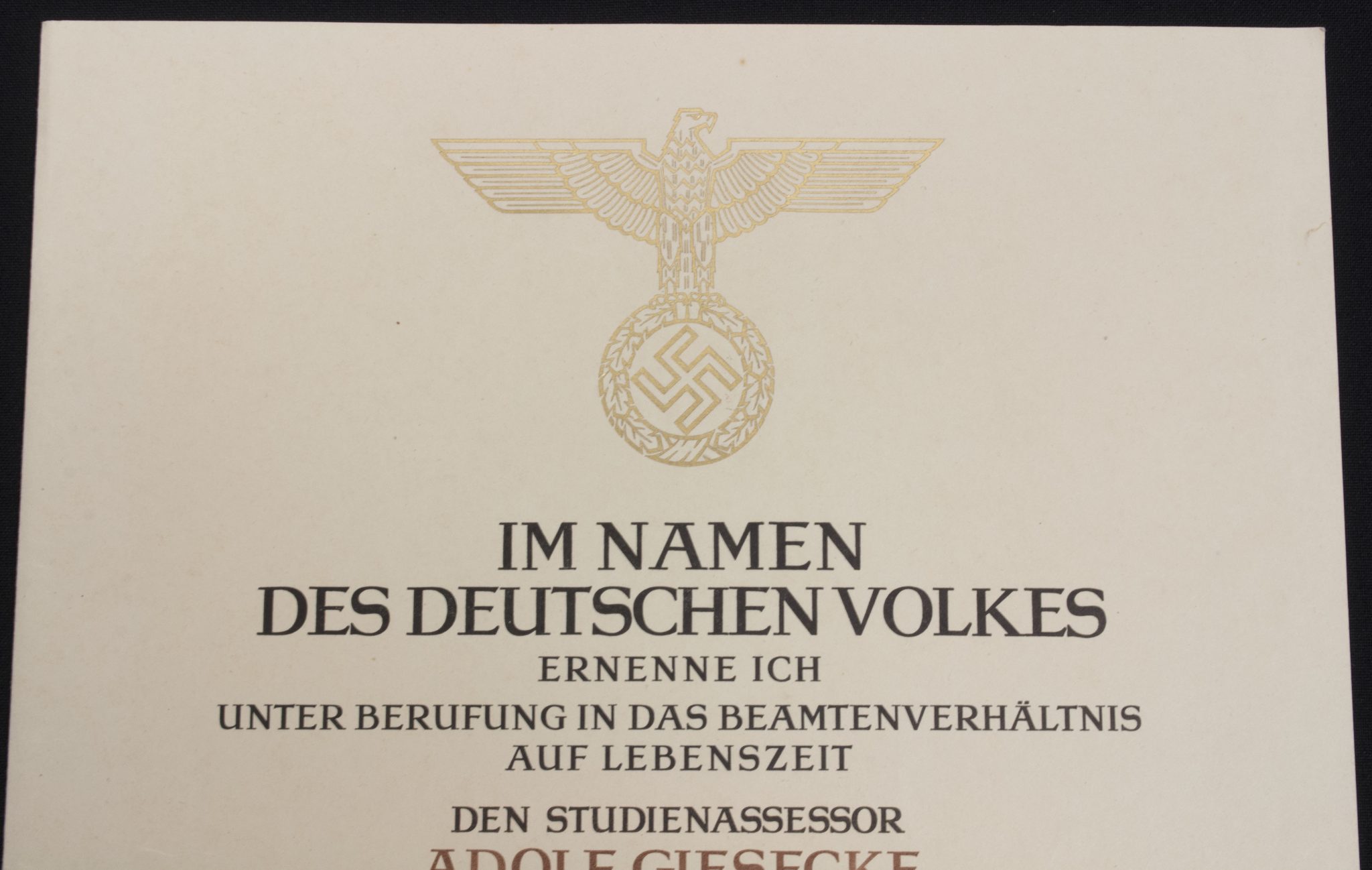 Promotional document (Ernennungsurkunde) Studienassessor Adolf Giesecke signed Führer Hauptquartier 1942 (2)