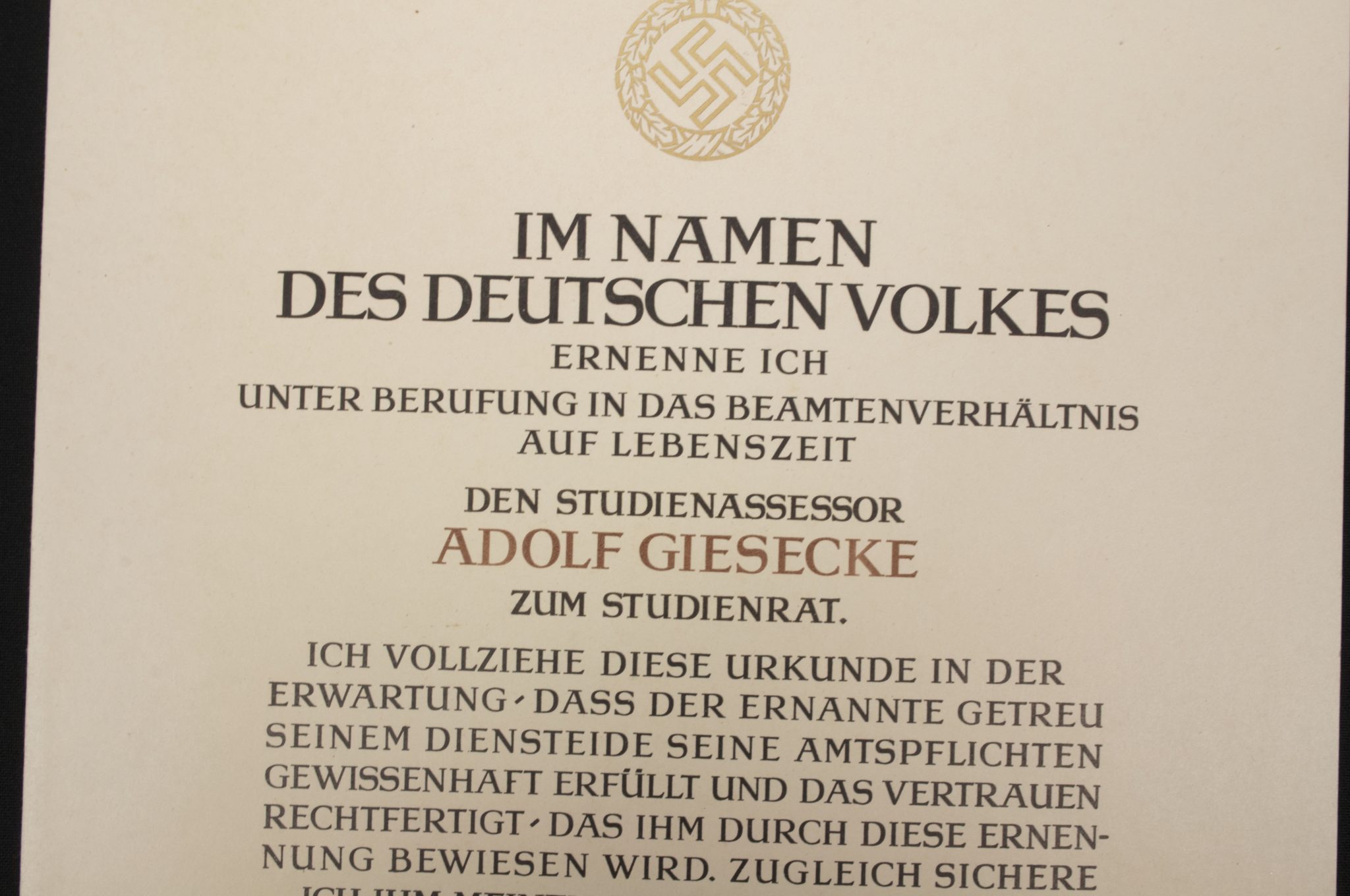 Promotional document (Ernennungsurkunde) Studienassessor Adolf Giesecke signed Führer Hauptquartier 1942 - Image 5