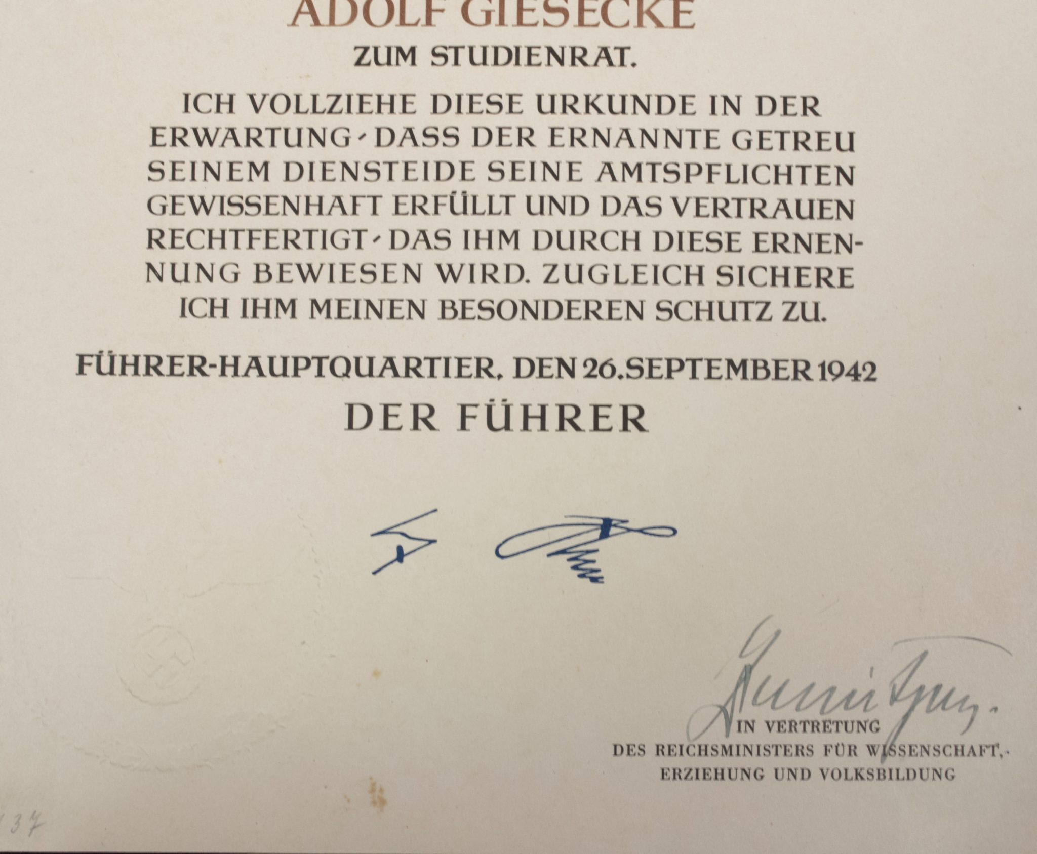 Promotional document (Ernennungsurkunde) Studienassessor Adolf Giesecke signed Führer Hauptquartier 1942 - Image 6