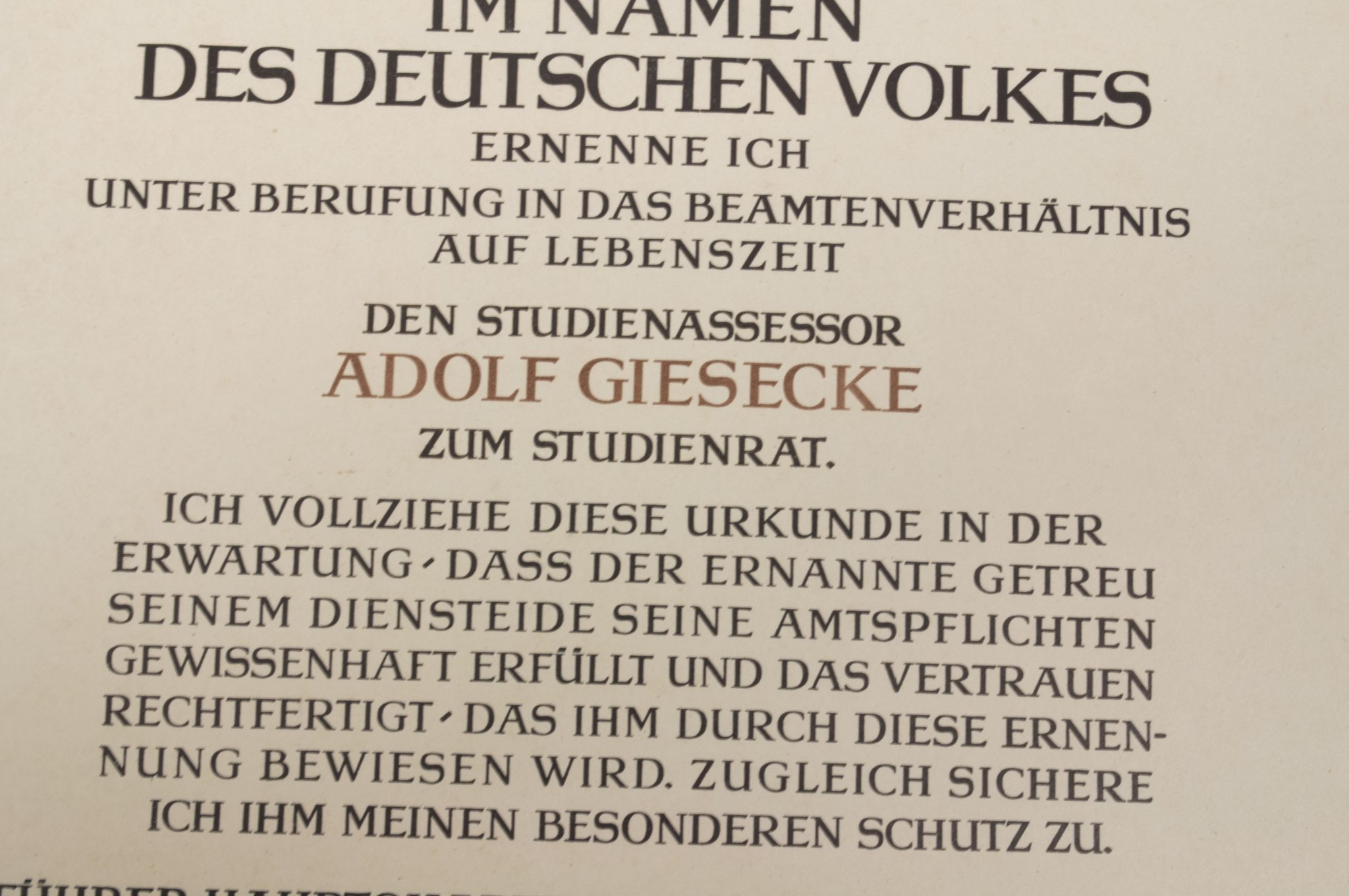 Promotional document (Ernennungsurkunde) Studienassessor Adolf Giesecke signed Führer Hauptquartier 1942 - Image 7