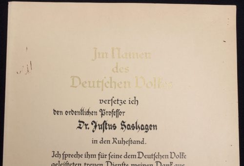 Retirement citation (Urkunde zur Versetzung in den Ruhestand) for a Professor (1939)