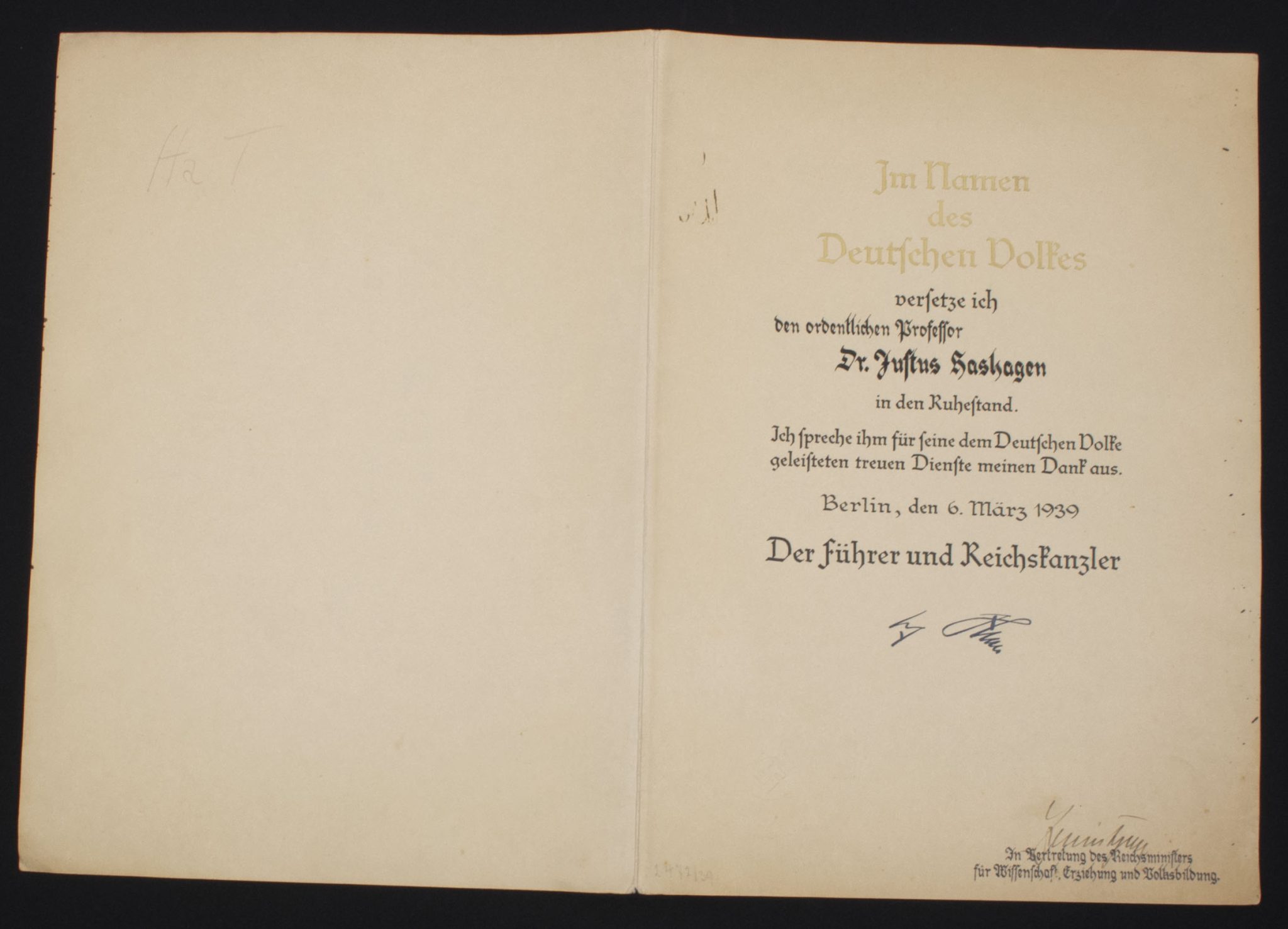 Retirement citation (Urkunde zur Versetzung in den Ruhestand) for a Professor (1939)