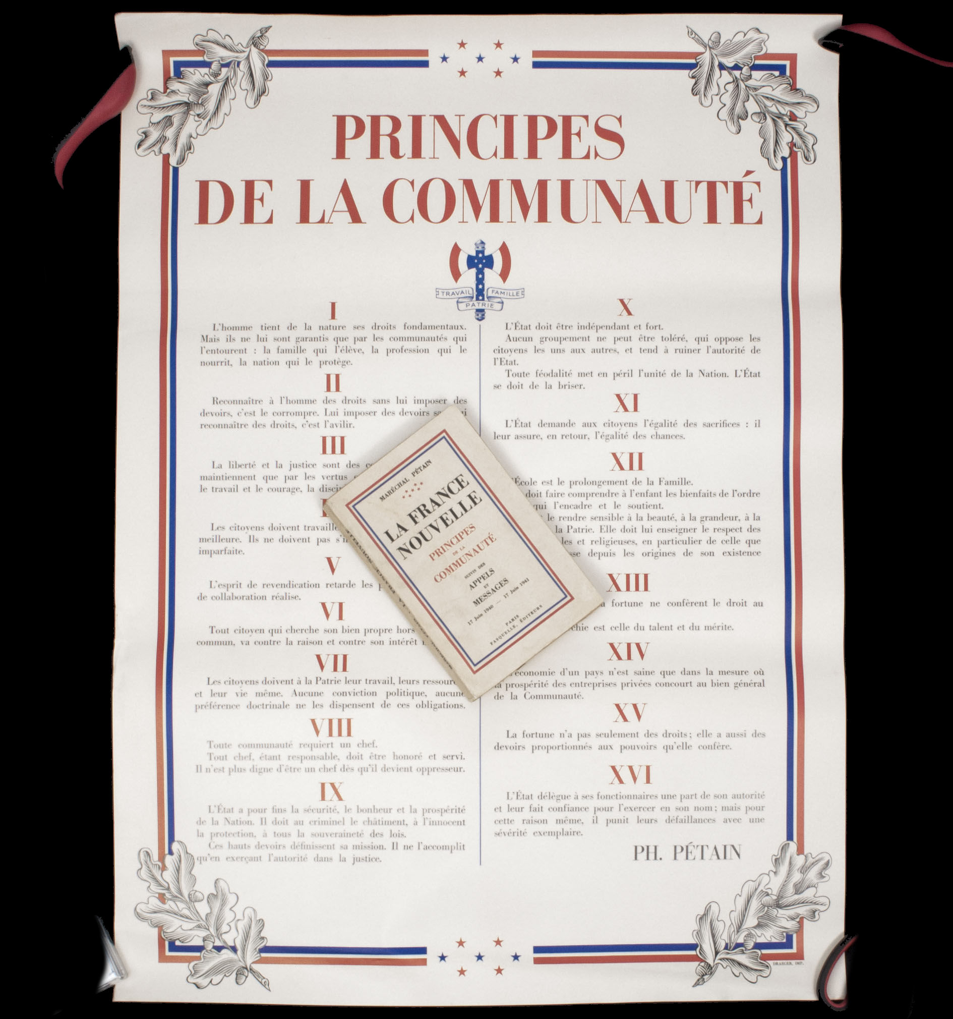 Vichy France poster + Marechal Petain book Principes de la Communauté