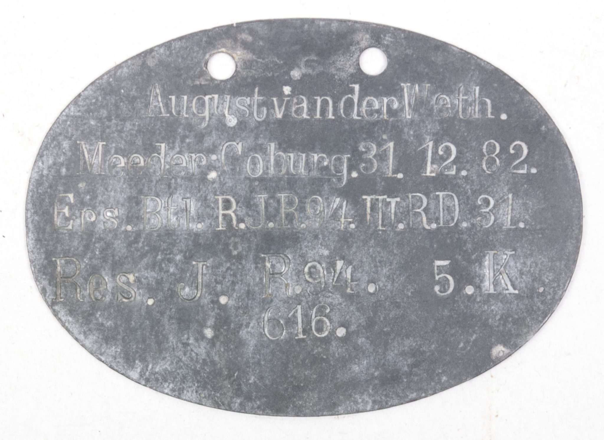 WWI Imperial Erkennungsmarke from Ers. Btl. R.J.R.94.III.R.D.31 Res.I. R.94 5.K. #616 (2) WWI Imperial Erkennungsmarke from Ers. Btl. R.J.R.94.III.R.D.31 Res.I. R.94 5.K. #616