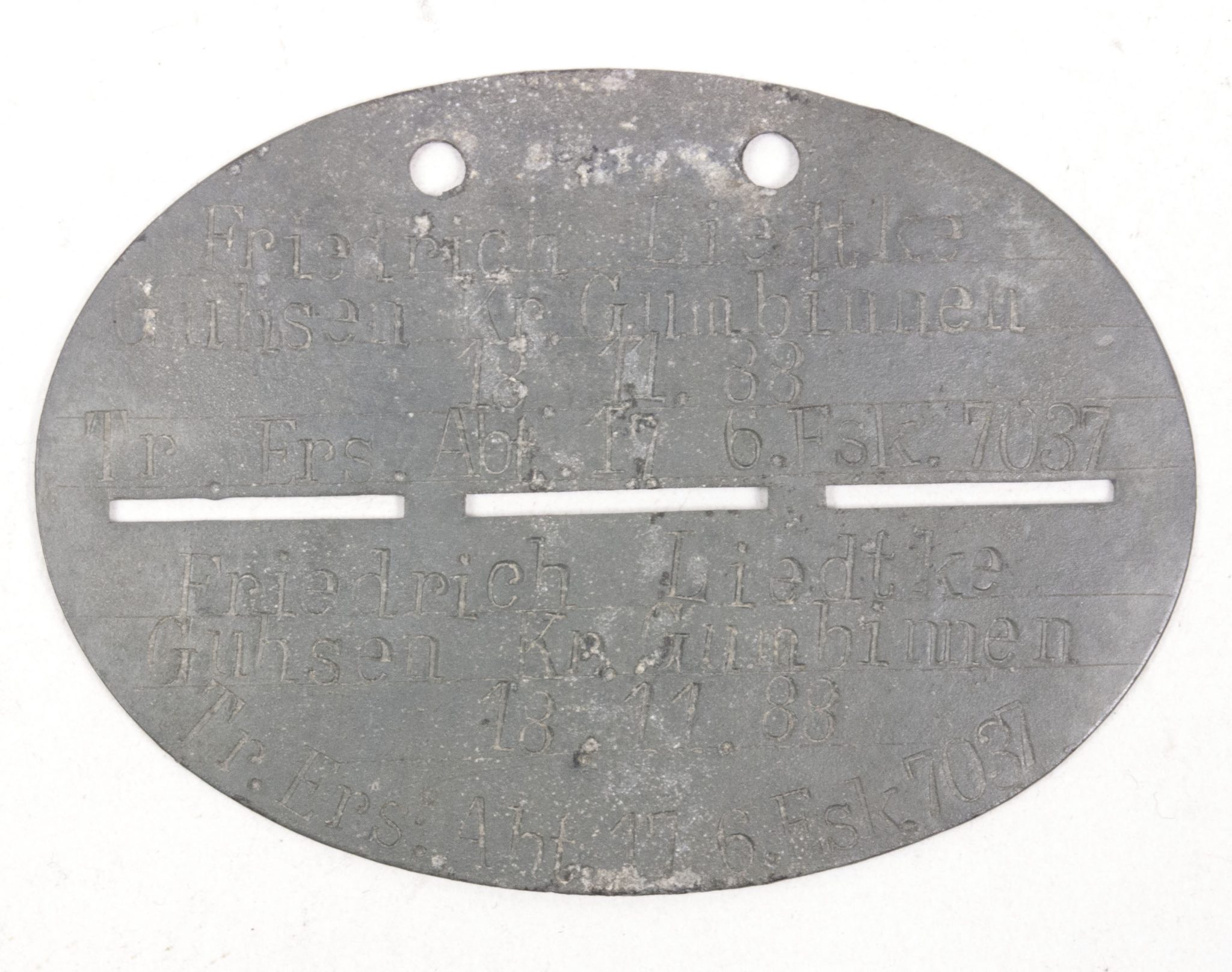WWI Imperial Erkennungsmarke from Tr.Ers.Abt.17.6.FSK.7037 (2) WWI Imperial Erkennungsmarke from Tr.Ers.Abt.17.6.FSK.7037