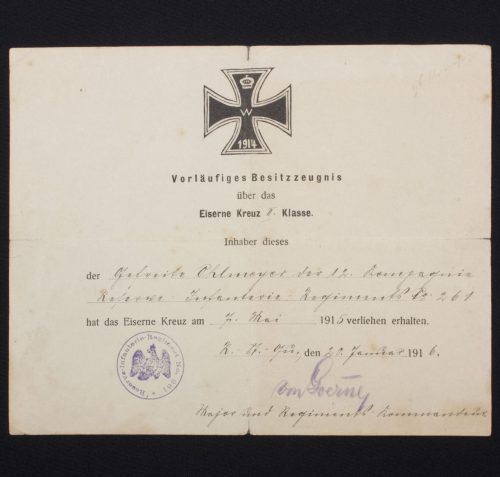 WWI Verläufiges Besitzzeugnis Eiserne Kreuz II Klasse (EK2)