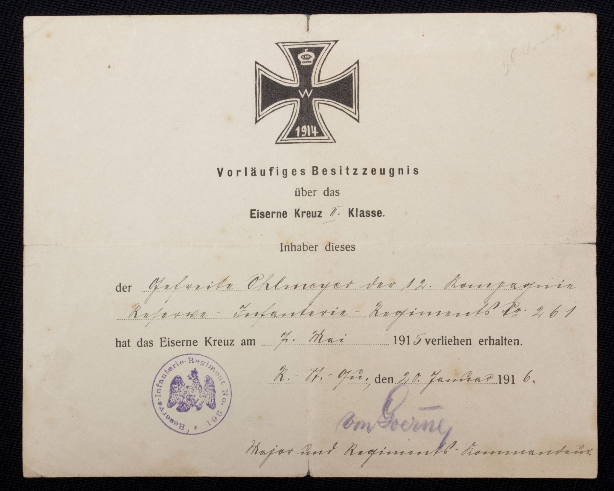 WWI Verläufiges Besitzzeugnis Eiserne Kreuz II Klasse (EK2) (2) WWI Verläufiges Besitzzeugnis Eiserne Kreuz II Klasse (EK2)