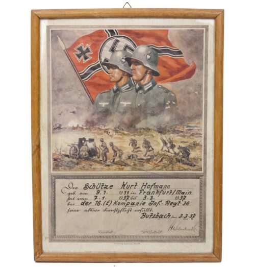 Wehrmacht (Heer) framed luxuary Infantery citation (40x30 cm) (1938)