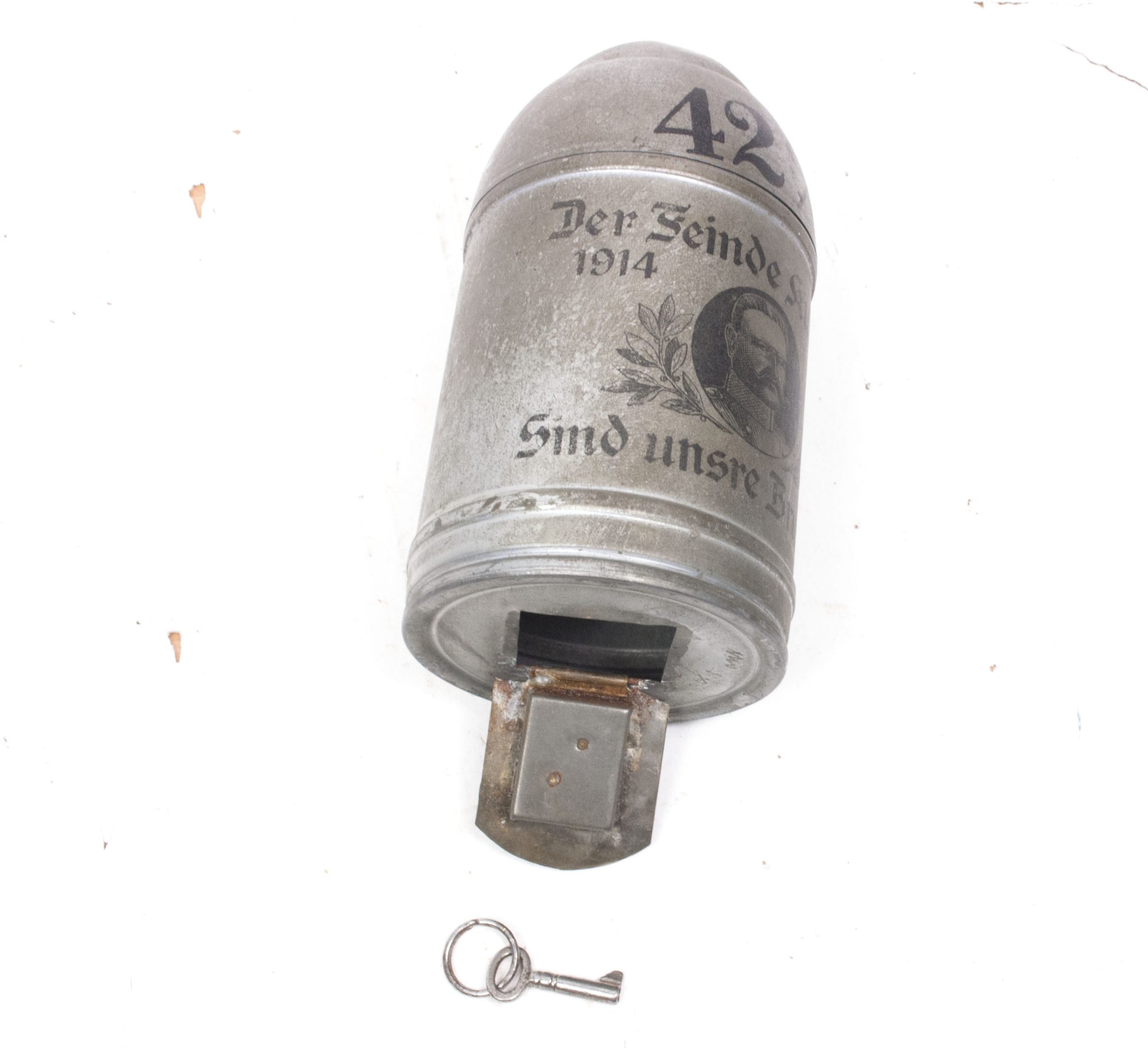 WWI German piggybank Dicke Bertha 42 CM - Der Feinde Kummer sind unsre Brummer - with key - RARE