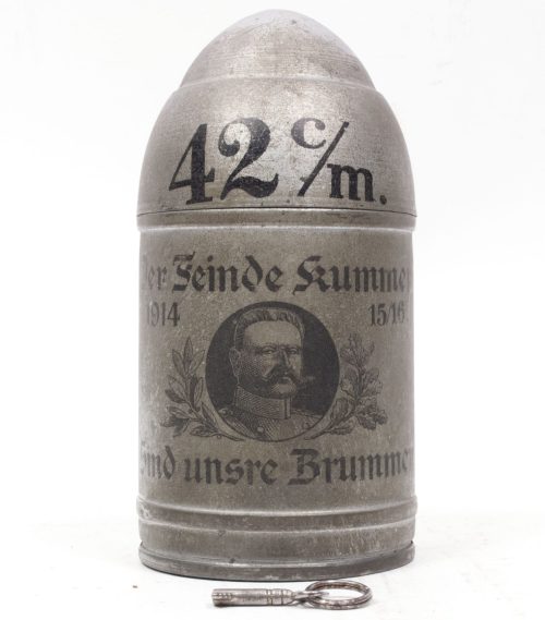 WWI German piggybank Dicke Bertha 42 CM - Der Feinde Kummer sind unsre Brummer - with key - RARE