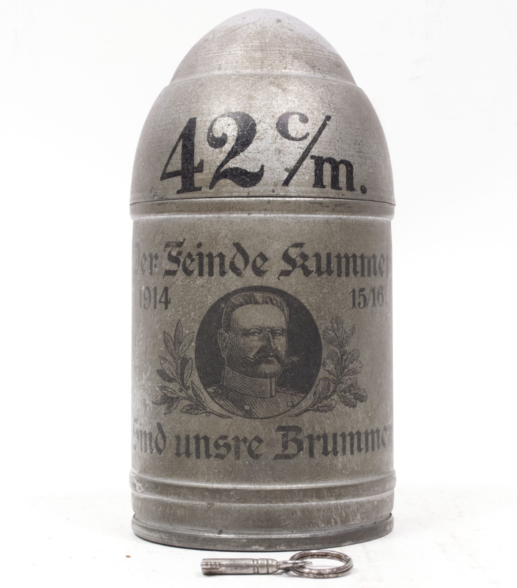 WWI German piggybank Dicke Bertha 42 CM - Der Feinde Kummer sind unsre Brummer - with key - RARE